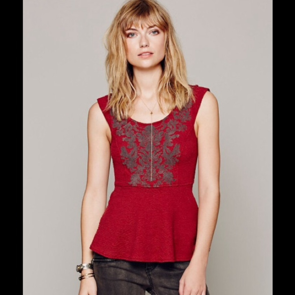 Free People Red and Gray Peplum Top
